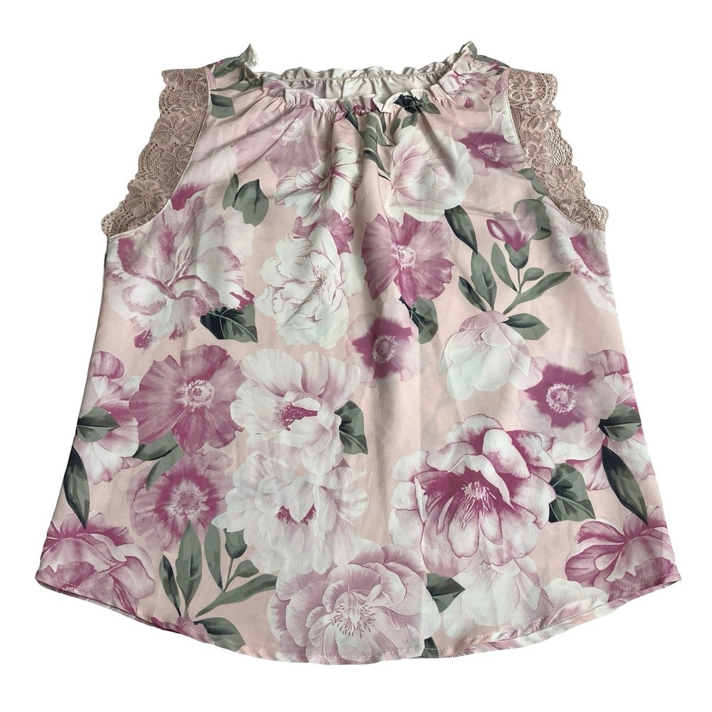 Grace Karin Top Womens Medium Pink Floral Ruffle Neck Lace Trim Sleeveless Satin
